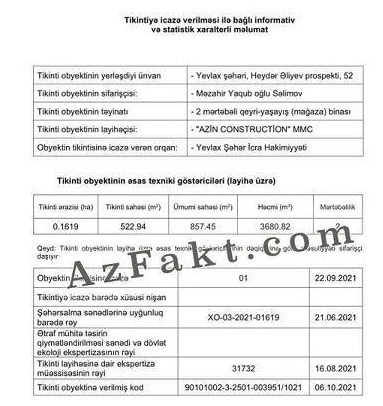 Heydər Əliyev prospektində ticarət mərkəzi tikdirən idarə müdiri Məzahir Səlimov... – Sənəd